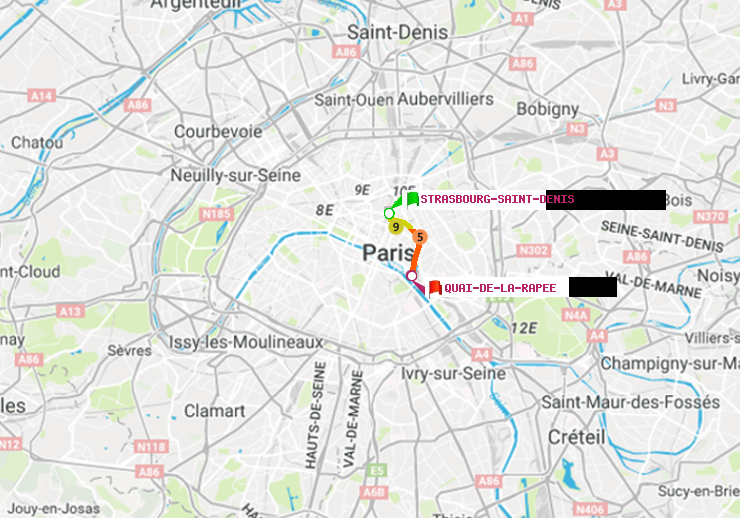 plan itinéraire ratp de Strasbourg-Saint-Denis à Quai de la Rapée