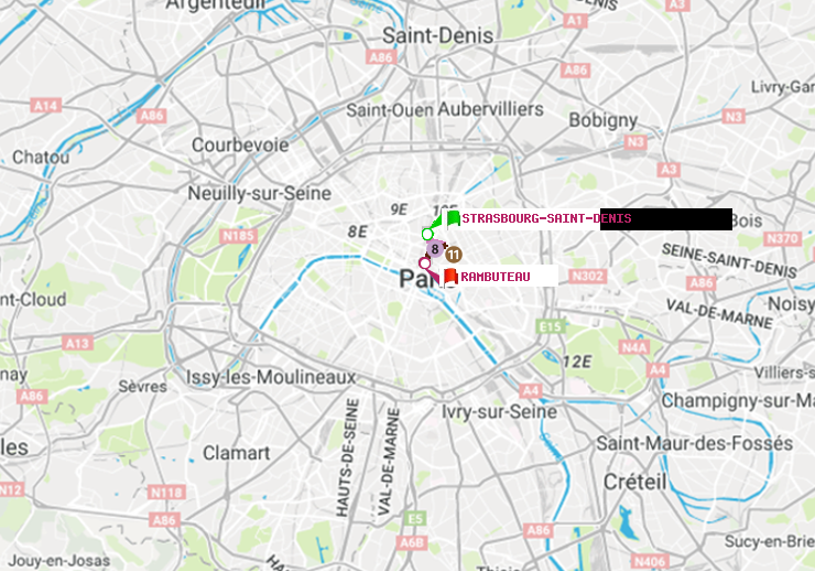 plan itinéraire ratp de Strasbourg-Saint-Denis à Rambuteau