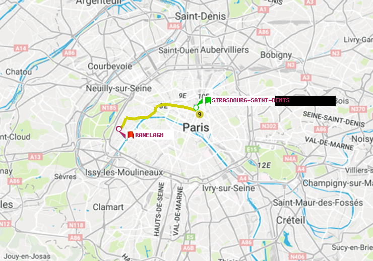 plan itinéraire ratp de Strasbourg-Saint-Denis à Ranelagh