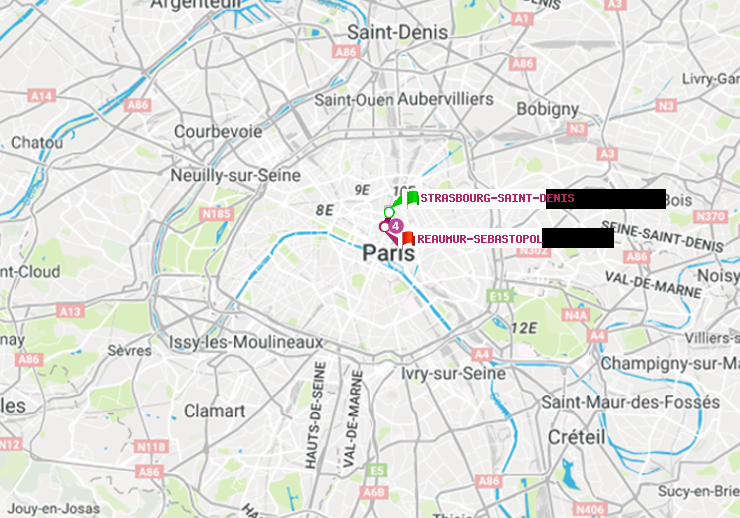 plan itinéraire ratp de Strasbourg-Saint-Denis à Réaumur-Sébastopol
