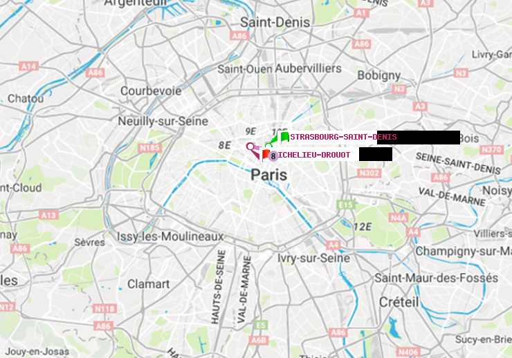 plan itinéraire ratp de Strasbourg-Saint-Denis à Richelieu-Drouot
