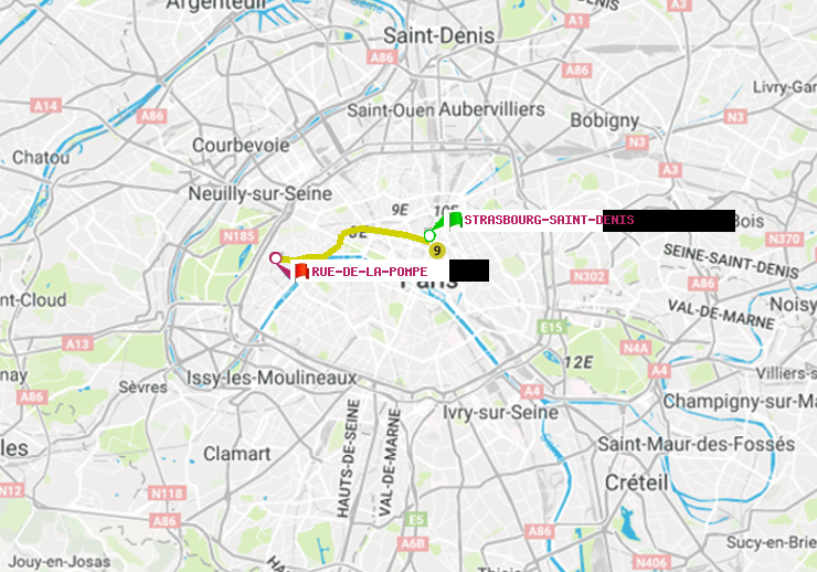 plan itinéraire ratp de Strasbourg-Saint-Denis à Rue de la Pompe (Avenue Georges Mandel)