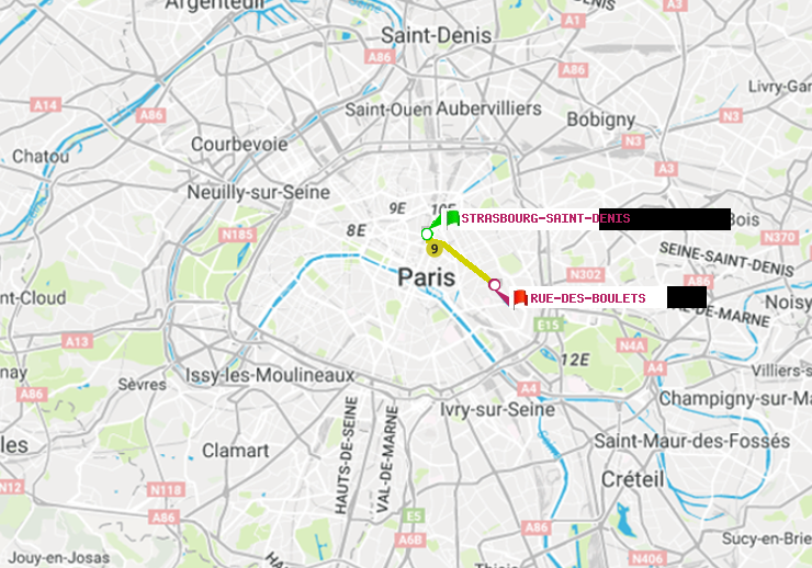 plan itinéraire ratp de Strasbourg-Saint-Denis à Rue des Boulets