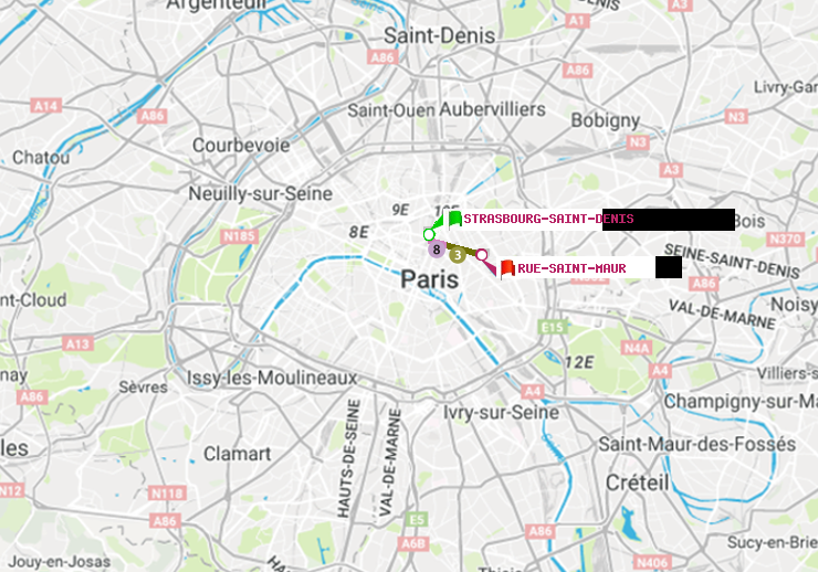 plan itinéraire ratp de Strasbourg-Saint-Denis à Rue Saint-Maur