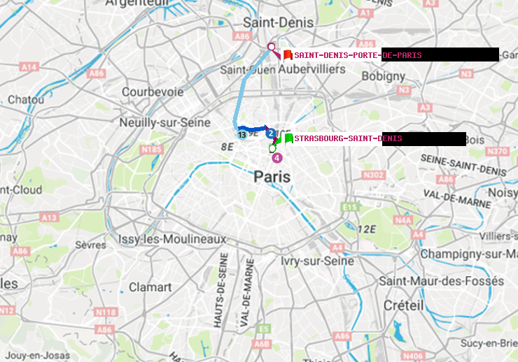 plan itinéraire ratp de Strasbourg-Saint-Denis à Saint-Denis-Porte de Paris