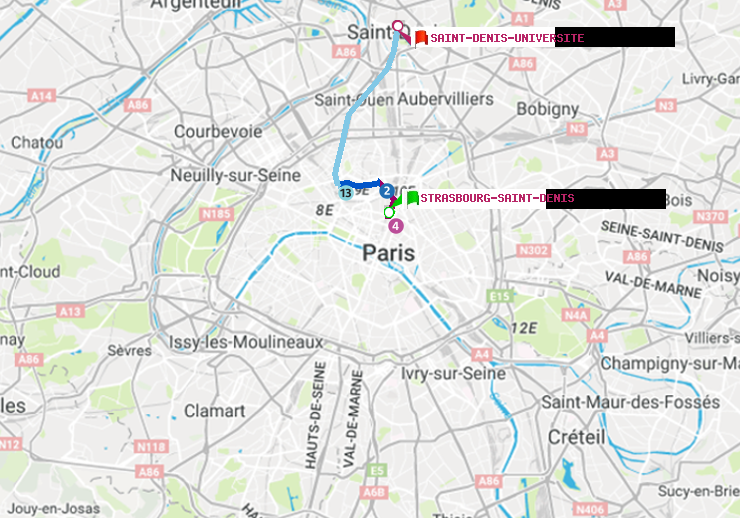 plan itinéraire ratp de Strasbourg-Saint-Denis à Saint-Denis-Universite