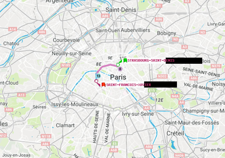 plan itinéraire ratp de Strasbourg-Saint-Denis à Saint-Francois-Xavier