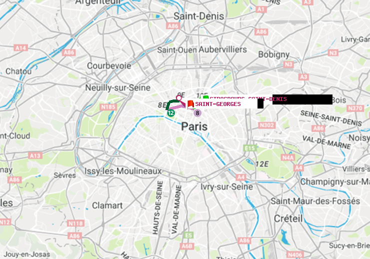 plan itinéraire ratp de Strasbourg-Saint-Denis à Saint-Georges