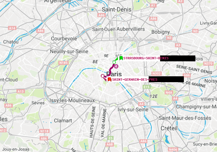 plan itinéraire ratp de Strasbourg-Saint-Denis à Saint-Germain des Prés
