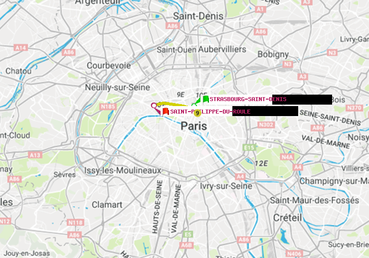 plan itinéraire ratp de Strasbourg-Saint-Denis à Saint-Philippe du Roule