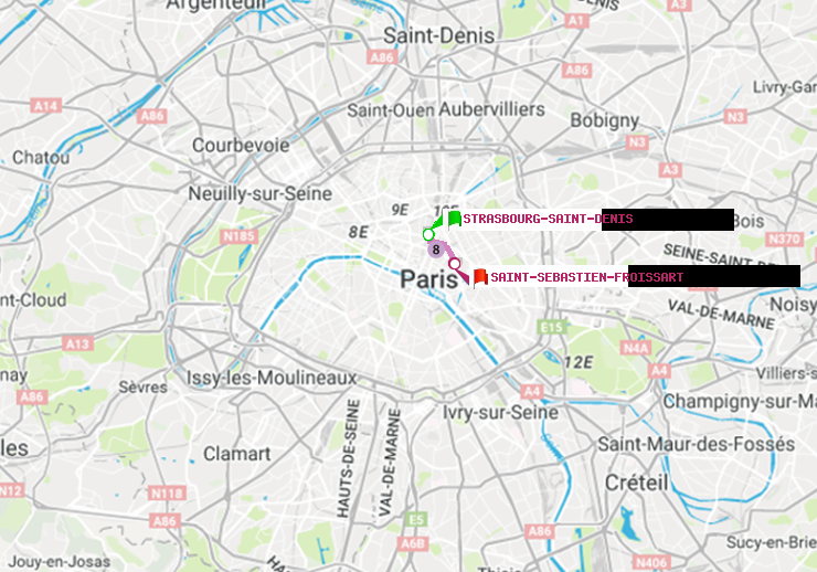 plan itinéraire ratp de Strasbourg-Saint-Denis à Saint-Sébastien-Froissart
