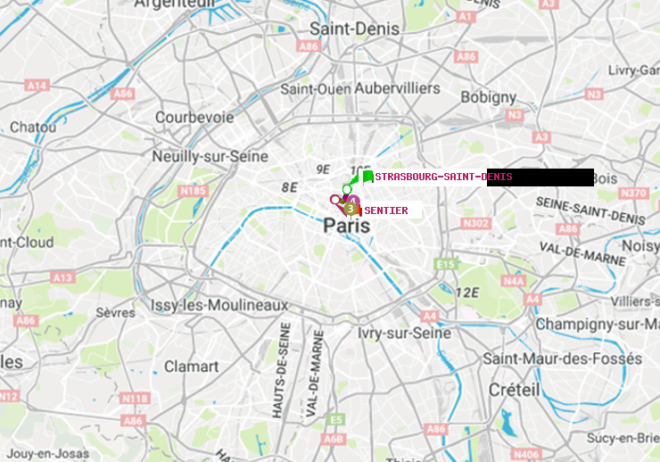plan itinéraire ratp de Strasbourg-Saint-Denis à Sentier