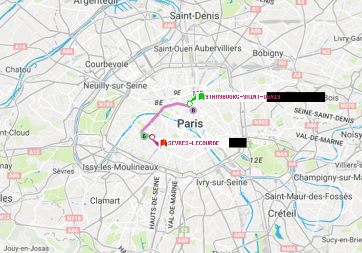 plan itinéraire ratp de Strasbourg-Saint-Denis à Sèvres-Lecourbe
