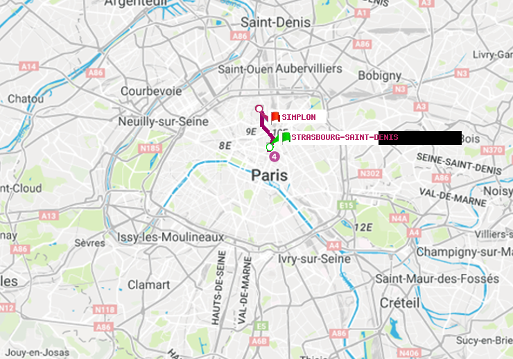 plan itinéraire ratp de Strasbourg-Saint-Denis à Simplon