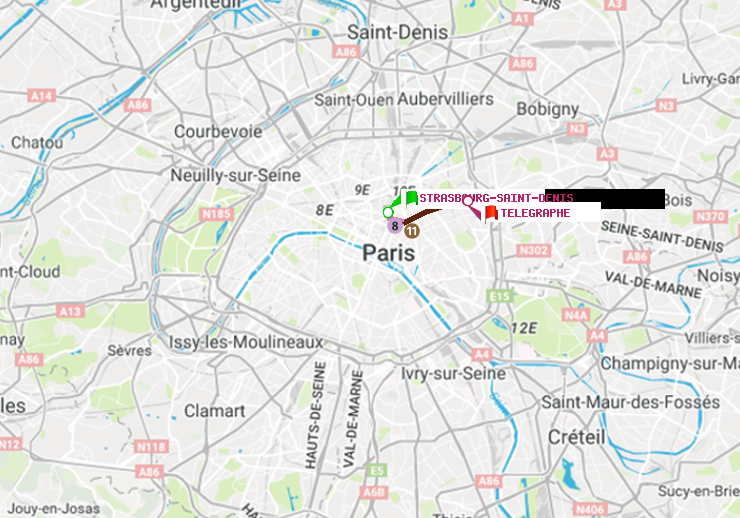 plan itinéraire ratp de Strasbourg-Saint-Denis à Telegraphe