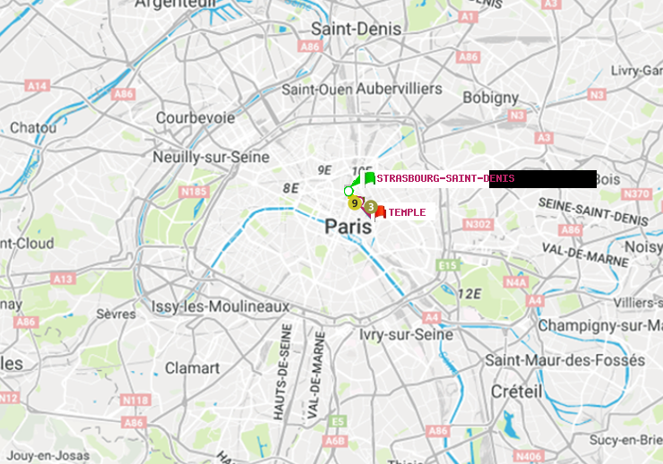 plan itinéraire ratp de Strasbourg-Saint-Denis à Temple