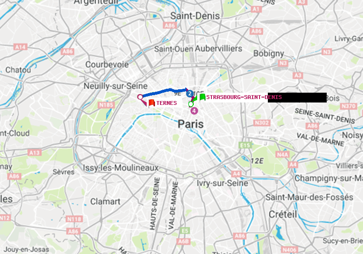plan itinéraire ratp de Strasbourg-Saint-Denis à Ternes