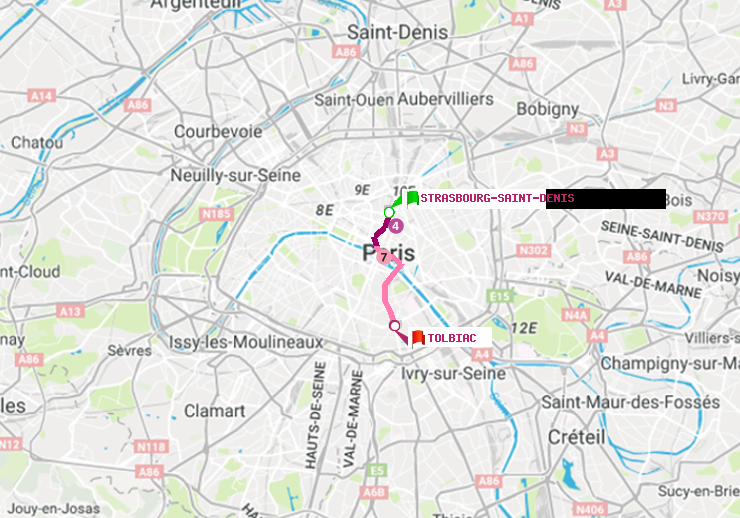 plan itinéraire ratp de Strasbourg-Saint-Denis à Tolbiac