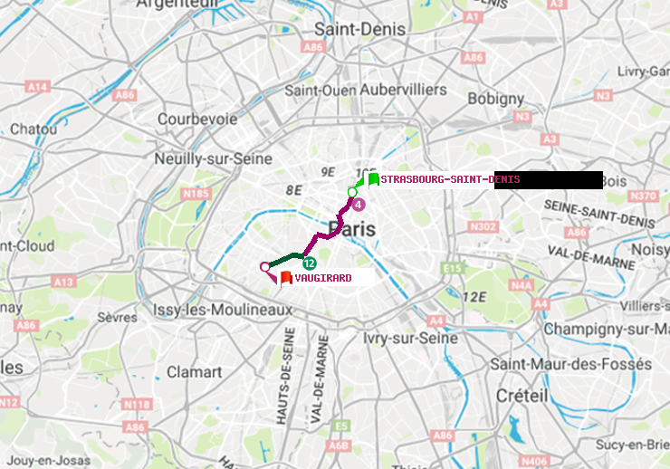 plan itinéraire ratp de Strasbourg-Saint-Denis à Vaugirard (Adolphe Chérioux)