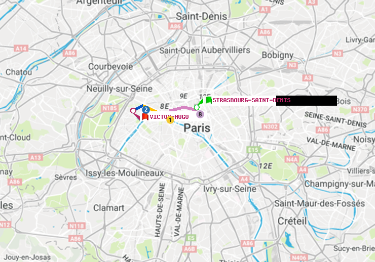 plan itinéraire ratp de Strasbourg-Saint-Denis à Victor Hugo
