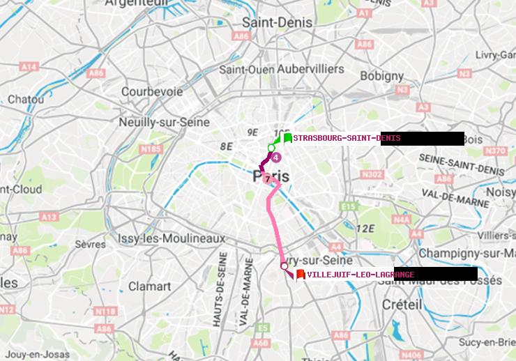 plan itinéraire ratp de Strasbourg-Saint-Denis à Villejuif-Léo Lagrange