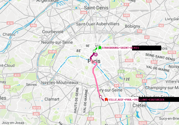 plan itinéraire ratp de Strasbourg-Saint-Denis à Villejuif-Paul Vaillant Couturier (Hôpital Paul Brousse)