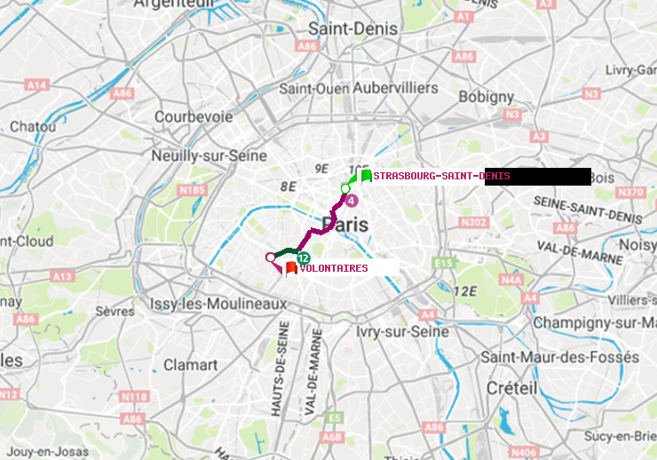 plan itinéraire ratp de Strasbourg-Saint-Denis à Volontaires