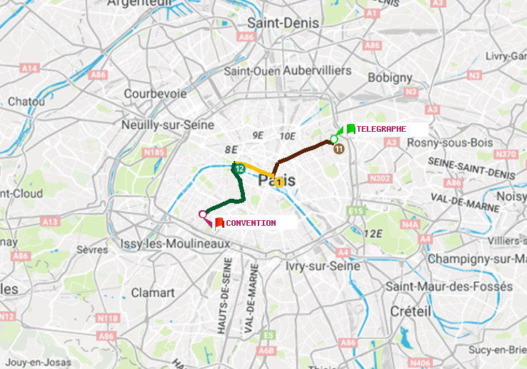 plan itinéraire ratp de Telegraphe à Convention