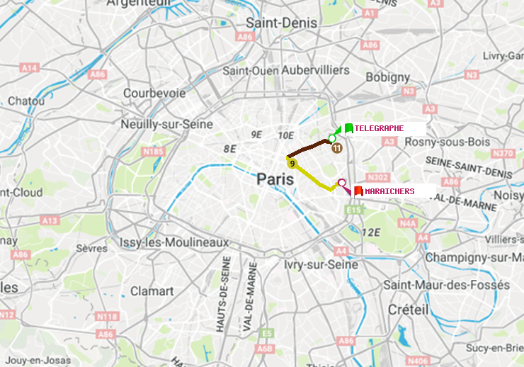 plan itinéraire ratp de Telegraphe à Maraichers