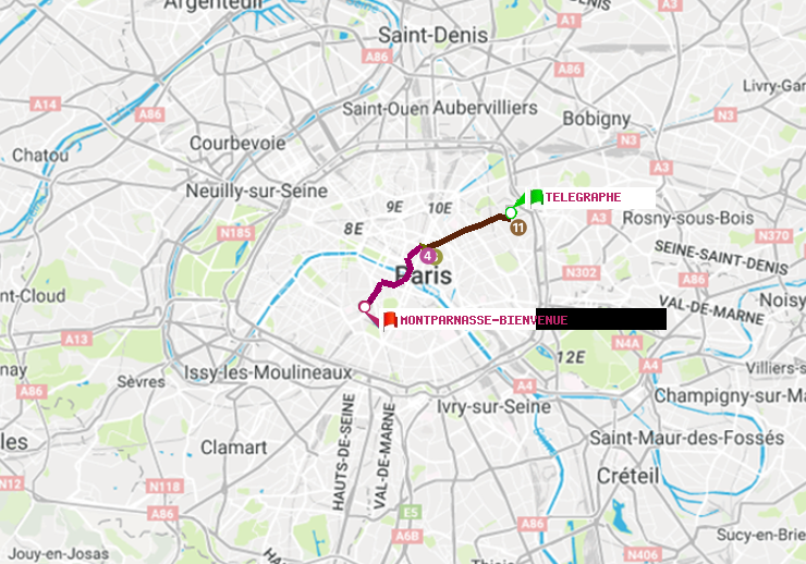 plan itinéraire ratp de Telegraphe à Montparnasse-Bienvenue