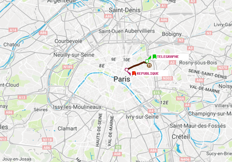 plan itinéraire ratp de Telegraphe à République