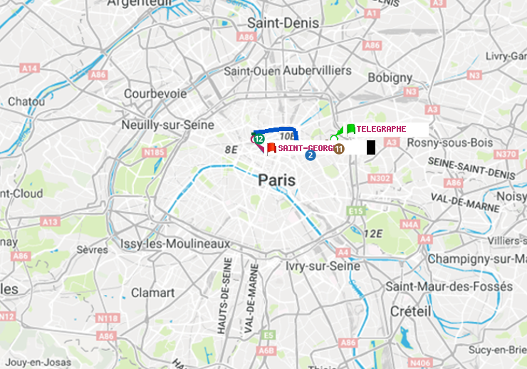 plan itinéraire ratp de Telegraphe à Saint-Georges
