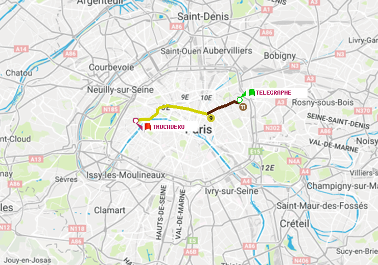 plan itinéraire ratp de Telegraphe à Trocadéro