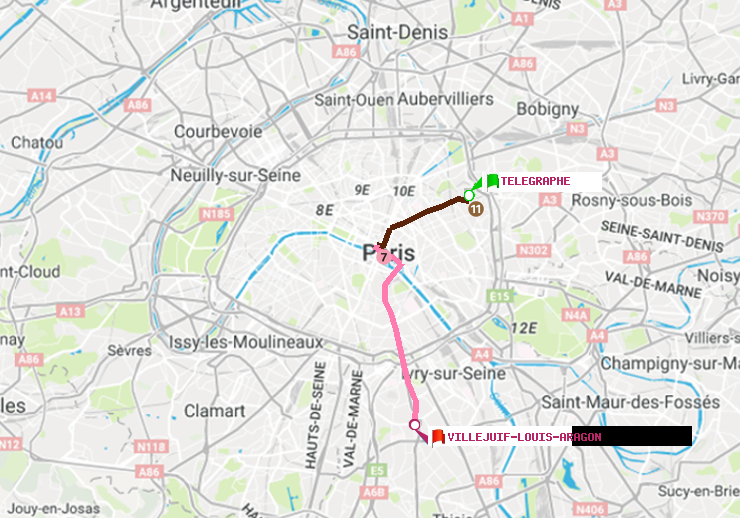 plan itinéraire ratp de Telegraphe à Villejuif-Louis Aragon
