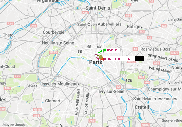 plan itinéraire ratp de Temple à Arts-et-Métiers