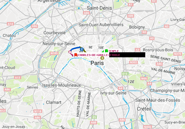 plan itinéraire ratp de Temple à Charles de Gaulle-Etoile