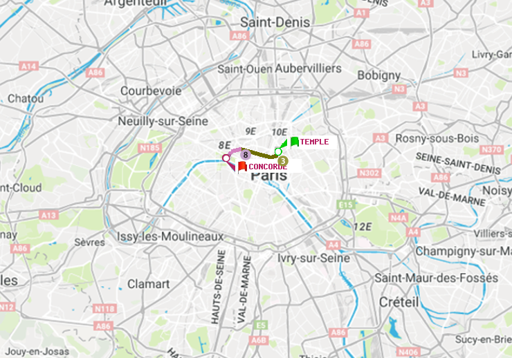 plan itinéraire ratp de Temple à Concorde