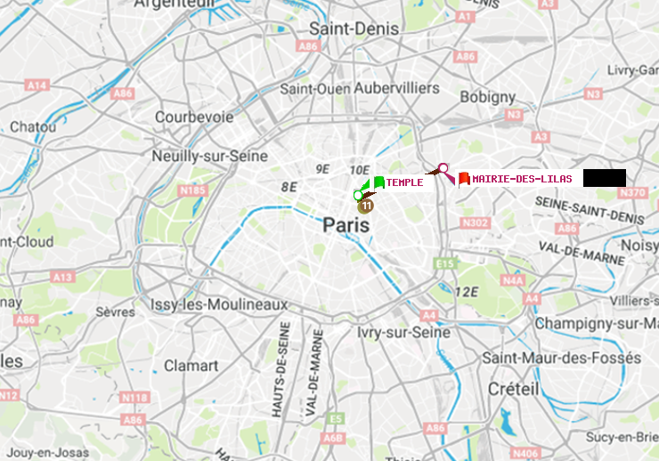 plan itinéraire ratp de Temple à Mairie des Lilas