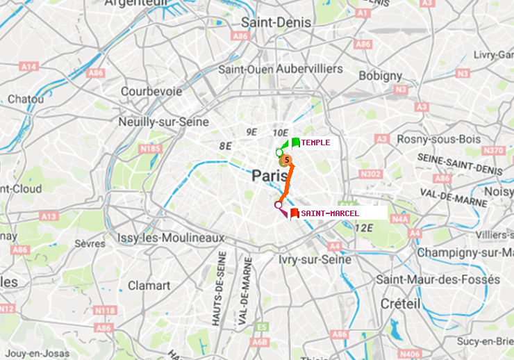 plan itinéraire ratp de Temple à Saint-Marcel