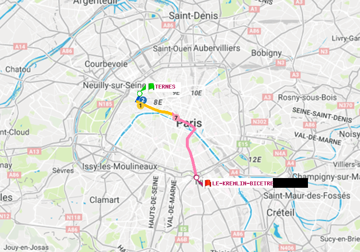 plan itinéraire ratp de Ternes à Le Kremlin-Bicêtre