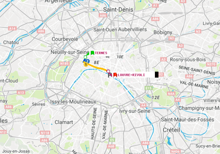 plan itinéraire ratp de Ternes à Louvre-Rivoli