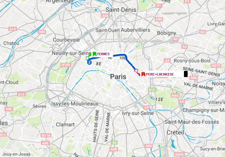 plan itinéraire ratp de Ternes à Père-Lachaise