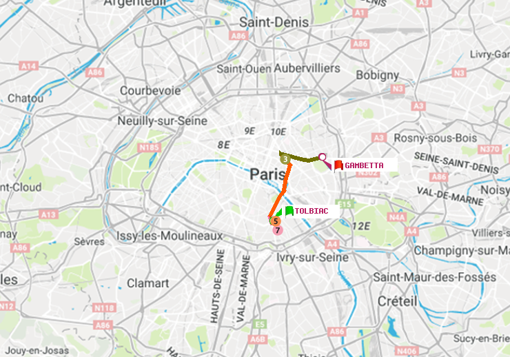 plan itinéraire ratp de Tolbiac à Gambetta