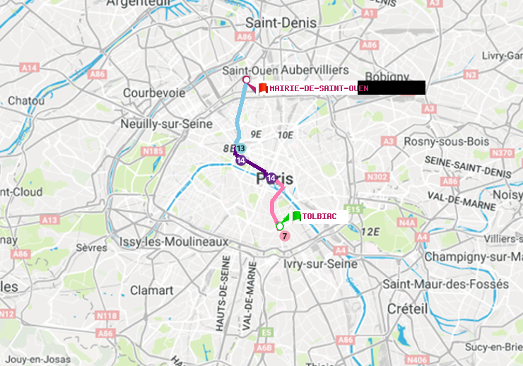 plan itinéraire ratp de Tolbiac à Mairie de Saint-Ouen