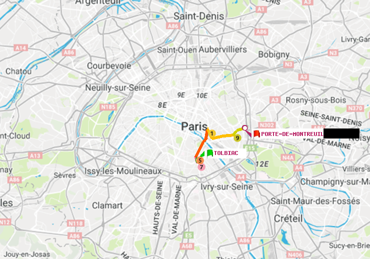plan itinéraire ratp de Tolbiac à Porte de Montreuil