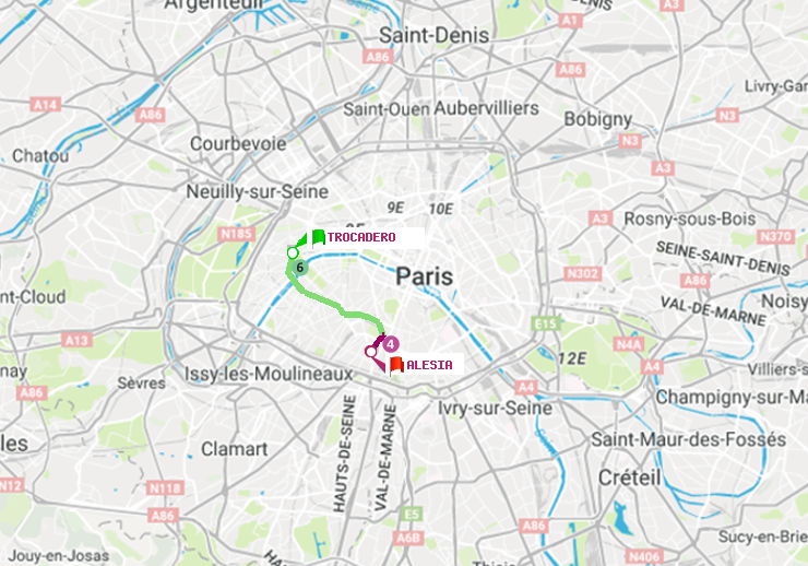 plan itinéraire ratp de Trocadéro à Alésia