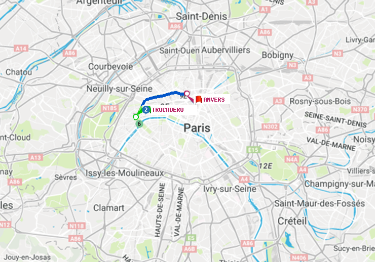 plan itinéraire ratp de Trocadéro à Anvers