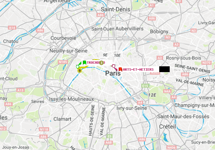 plan itinéraire ratp de Trocadéro à Arts-et-Métiers