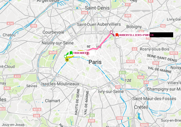 plan itinéraire ratp de Trocadéro à Aubervilliers Pantin (4 Chemins)