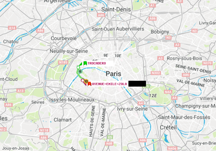 plan itinéraire ratp de Trocadéro à Avenue Emile-Zola